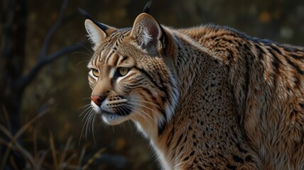 Obraz premium A majestic bobcat, its keen eyes piercing the undergrowth, blends seamlessly with the forest floor