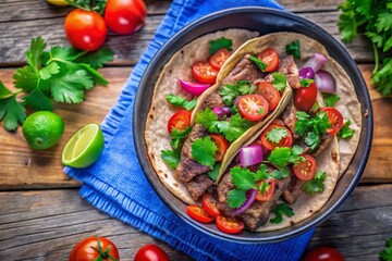 Grilled Beef Taco with Fresh Cilantro and Tomato - Delicious Mexican Street Food Photography