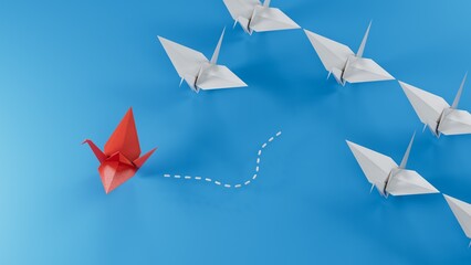 Different business concept.new ideas. paper art style. creative idea.Leaderswan concept using red paper swan among white swans.3D rendering on blue background.
