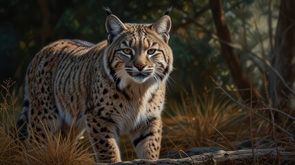 Obraz premium A majestic bobcat, its keen eyes piercing the undergrowth, blends seamlessly with the forest floor