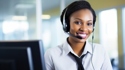 A cheerful customer service representative with a headset, ready to assist with a welcoming smile in a modern office setting.