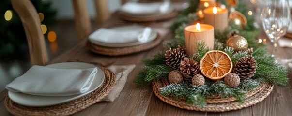 Fototapeta premium Holiday table arrangement with pinecones, dried oranges, candles. Christmas wide banner, copy space, Swedish mysig