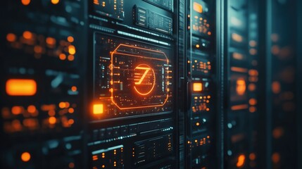 Obraz premium A digital shield surrounds a network of computers and servers, representing secure data transmission and advanced cyber defense technology.