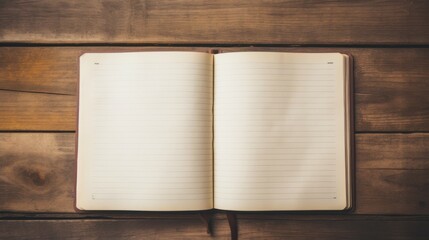 Fototapeta premium An open blank journal on a rustic wooden table invites thoughts and creativity, embodying potential and the promise of stories yet to be written.