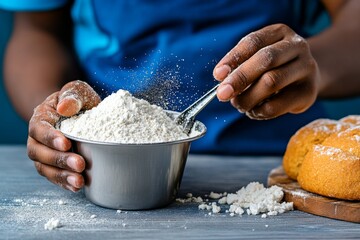 Detailed shot of a first-time baker measuring flour, with flour particles in the air and the precise details of the measuring cup, emphasizing the care and focus needed for the task
