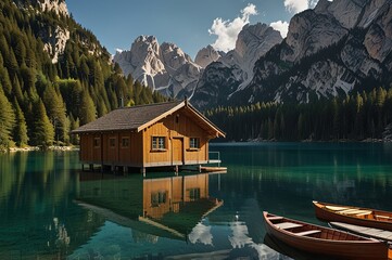Fototapeta premium Boathouse on the lake - Lago di Braies, 2023, Italy