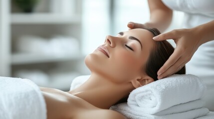 Obraz premium a woman lying on a massage spa bed, surrounded by calming candlelight. Her relaxed expression and the cozy spa atmosphere convey a sense of peace and tranquility.