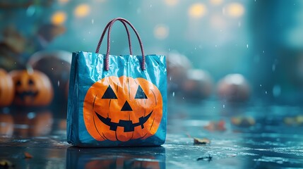 Trick or Treat Bag in the Rain. Illustration 3D photography
