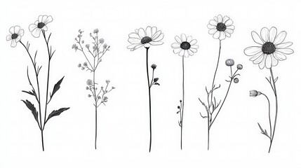 A black and white clipart bundle of wildflowers, a daisy and chamomile flower