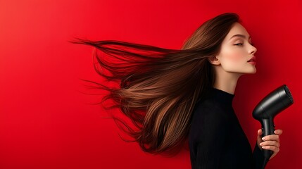 Naklejka premium Woman drying her hair with a hairdryer. Illustration 3D photography