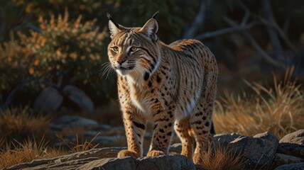 Obraz premium A majestic bobcat, its keen eyes piercing the undergrowth, blends seamlessly with the forest floor