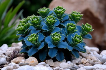 Euphorbia myrsinites growing in a rocky, alpine garden, where the plant's striking blue-green leaves add visual interest and texture against the backdrop of boulders and pebbles