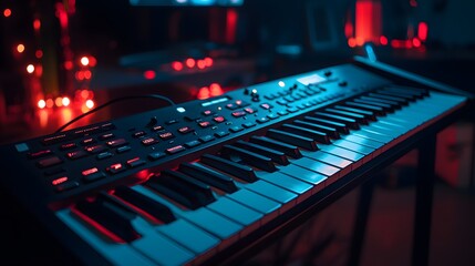 Synth Keyboard in Red and Blue Light. Illustration 3D photography