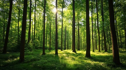 Obraz premium Enchanting Forest Sunlight Streaming Through the Lush Green Trees