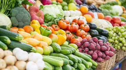 Close-up of vibrant fresh vegetables and fruits on wooden table, symbolizing healthy blood pressure foods, emphasizing natural nutrition and wellness.