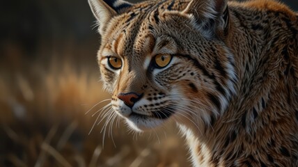 Obraz premium A majestic bobcat, its keen eyes piercing the undergrowth, blends seamlessly with the forest floor