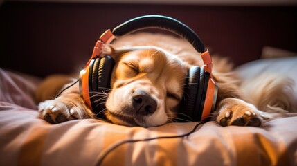 A dog lounges contentedly on a bed, wearing oversized headphones, illustrating tranquility and musical escape.