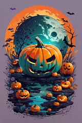 Striking Halloween Tshirt Design Vibrant Pumpkin, Horror Adventure, and Dreamlike Colors for Explorers