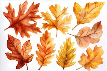 Fototapeta premium Realistic fall oak, birch leaves, warm autumn colors, hand-painted watercolor illustrations