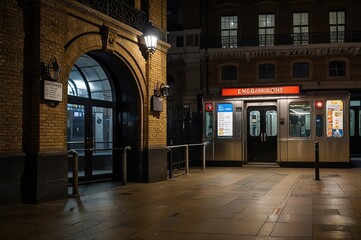 Fototapeta premium LONDON, GREAT BRITAIN, April 21, 2018 : Night on the London streets and subway entrance at Embankment.