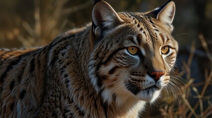 Obraz premium A majestic bobcat, its keen eyes piercing the undergrowth, blends seamlessly with the forest floor