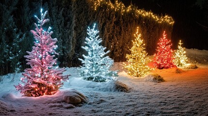 A magical Christmas night with a colorful winter wonderland, featuring illuminated snow-covered trees, twinkling lights, and festive decorations glowing brightly.