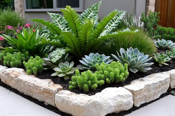 Garden bed featuring Euphorbia myrsinites mixed with succulents and other xeriscape plants, with the spurgeâ€™s trailing growth adding texture and color to the design