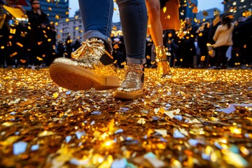 Golden confetti falling at a celebration, filling the air with glittering pieces, capturing the joy and excitement of the moment
