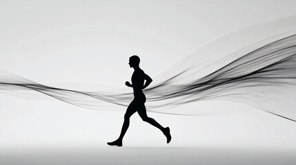 silhouette of a running man with black and white abstract wavy lines background