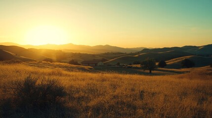 Fototapeta premium Stunning Sunset Over Rolling Hills and Mountains
