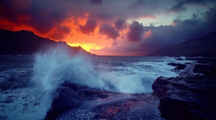 Fototapeta premium Dramatic Coastal Sunset Over Crashing Waves and Rocky Cliffs