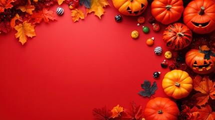 A red background with a bunch of orange pumpkins and leaves