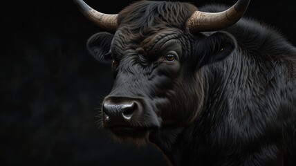 Naklejka premium A powerful bull surveys its territory, its thick fur and massive horns a testament to its strength