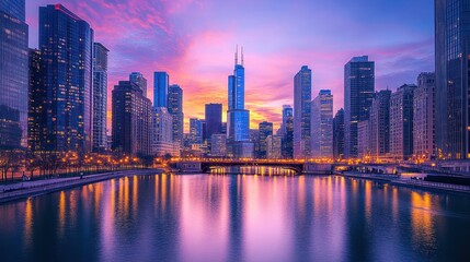 Obraz premium A vibrant city skyline at sunset reflected in the water, showcasing urban beauty.