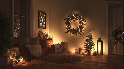 3D illustration of a nursery corner with a festive Christmas wreath and gentle glowing lights, creating a cozy and inviting holiday setting, perfect for a warm seasonal vibe 
