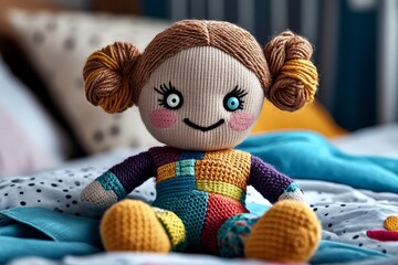 Handmade cloth doll sitting on a childâ€™s bed, with soft yarn hair, button eyes, and a stitched smile, wearing a colorful, patchwork dress