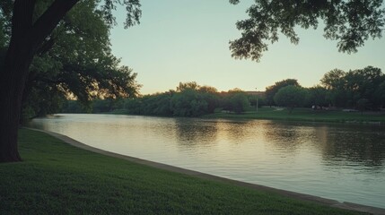 Fototapeta premium Serene Lake Surrounded by Lush Green Foliage and Tranquil Atmosphere