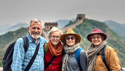 Portrait of a group of elderly traveling friends in front of the Great Wall of China.