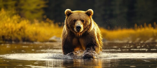 A large brown bear walks through a shallow stream of water, looking directly at the camera, with a blurred background of golden foliage.