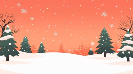 A serene winter landscape with snow-covered trees and a gradient sky filled with snowflakes.