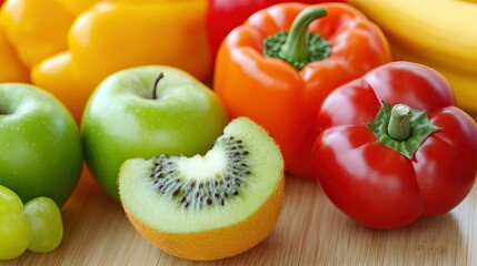 Fototapeta premium Close-up of vibrant fresh vegetables and fruits on wooden table, symbolizing healthy blood pressure foods, emphasizing natural nutrition and wellness.