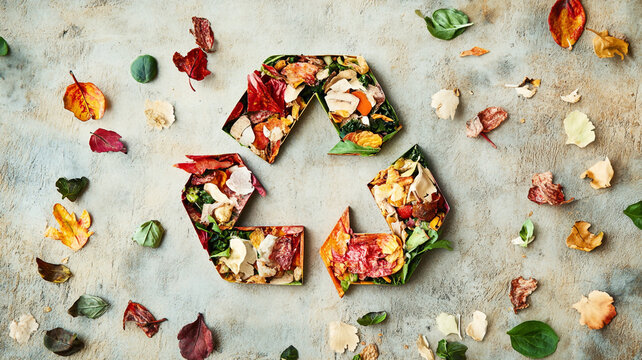 Naklejki Vibrant food scraps and leaves on textured ground showcase sustainability