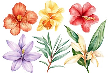 Obraz premium Set of tropical flowers and leaves on an isolated white background