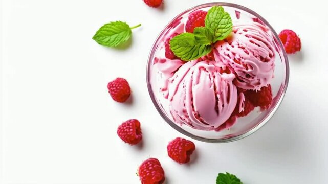 Raspberry ice cream in a glass. Raspberry ice cream is a sweet, tangy treat with a vibrant fruity flavor, creamy texture, and delightful bits of real raspberries. 