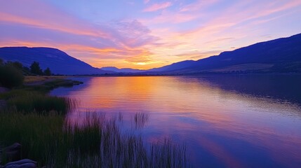 Fototapeta premium Serene Sunset Reflection on a Tranquil Lake Surrounded by Mountains