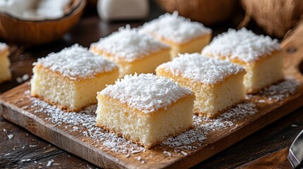 A plate of four slices of white cake with coconut on top. The cake is sitting on a wooden table