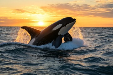 Fototapeta premium Orcas breaching the surface of the ocean, their powerful bodies breaking through the water as the sun sets, casting a golden glow across the waves