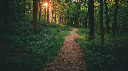 Obraz premium A serene forest path winding through lush greenery, illuminated by soft sunlight.