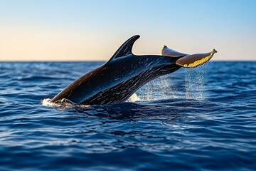 Fototapeta premium Outline of a whale diving into the ocean, with the curve of its tail just visible above the water, against a clean, soft blue background