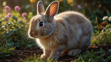 Fototapeta premium A heartwarming scene: a baby rabbit enjoying the beauty of nature.
